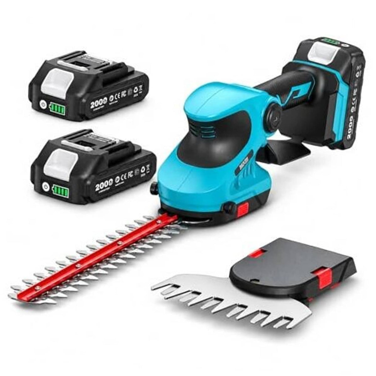 Cordless blue 2-in-1 hedge trimmer with red blade, plus two battery packs