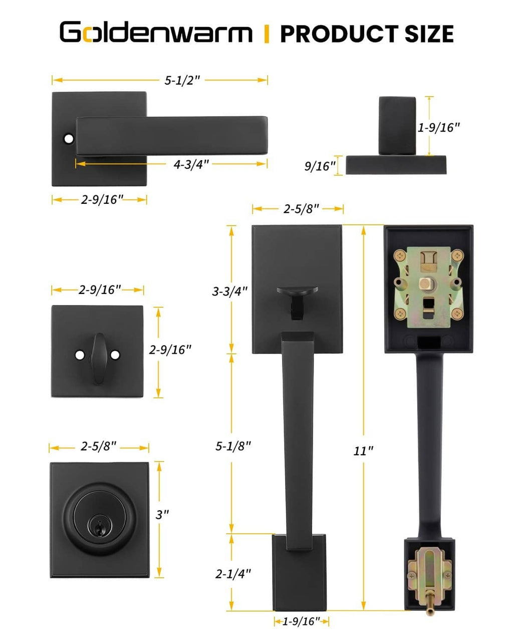Black door lock set size diagram showing handle and latch measurements