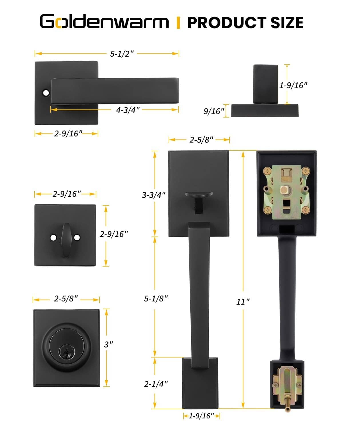 Black door lock set size diagram showing handle and latch measurements