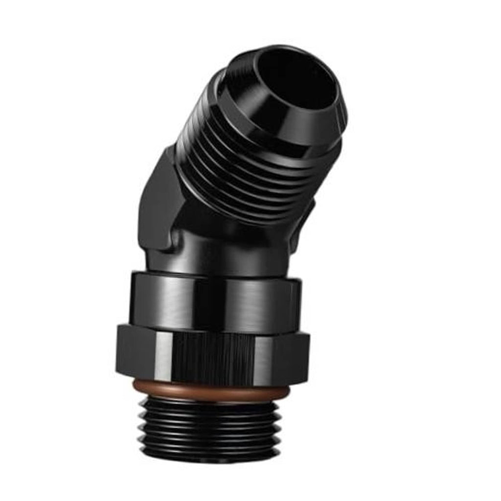 Black 45-degree male AN ORB swivel adapter fitting with threaded inlet and outlet