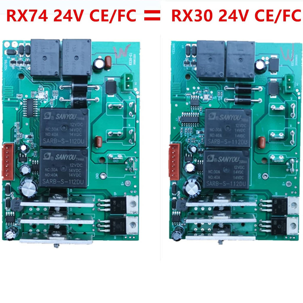Weelye RX74/RX30 24V control boards side-by-side with component layouts