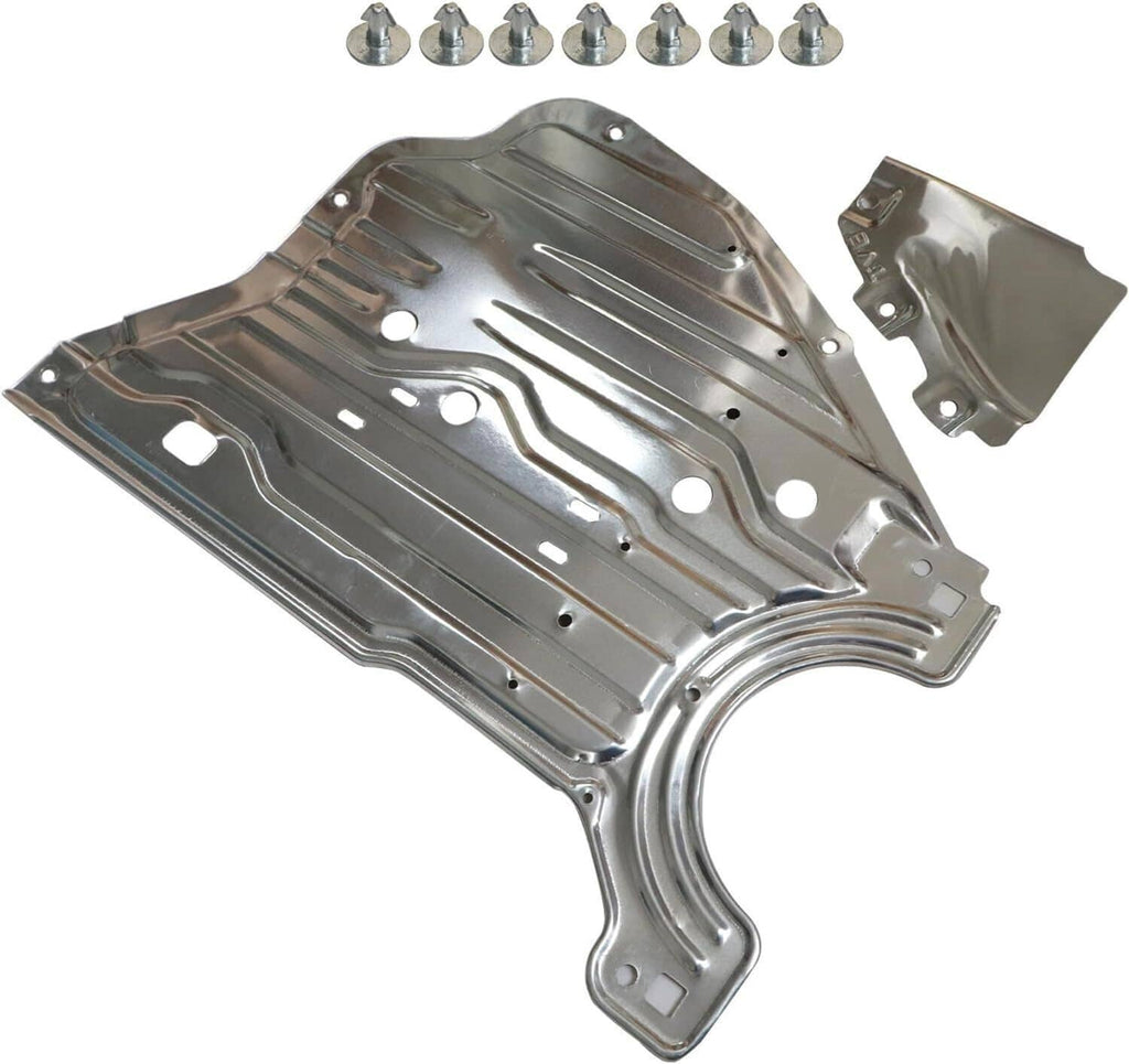 Silver stamped metal splash guard cover board with curved mounting flange and holes