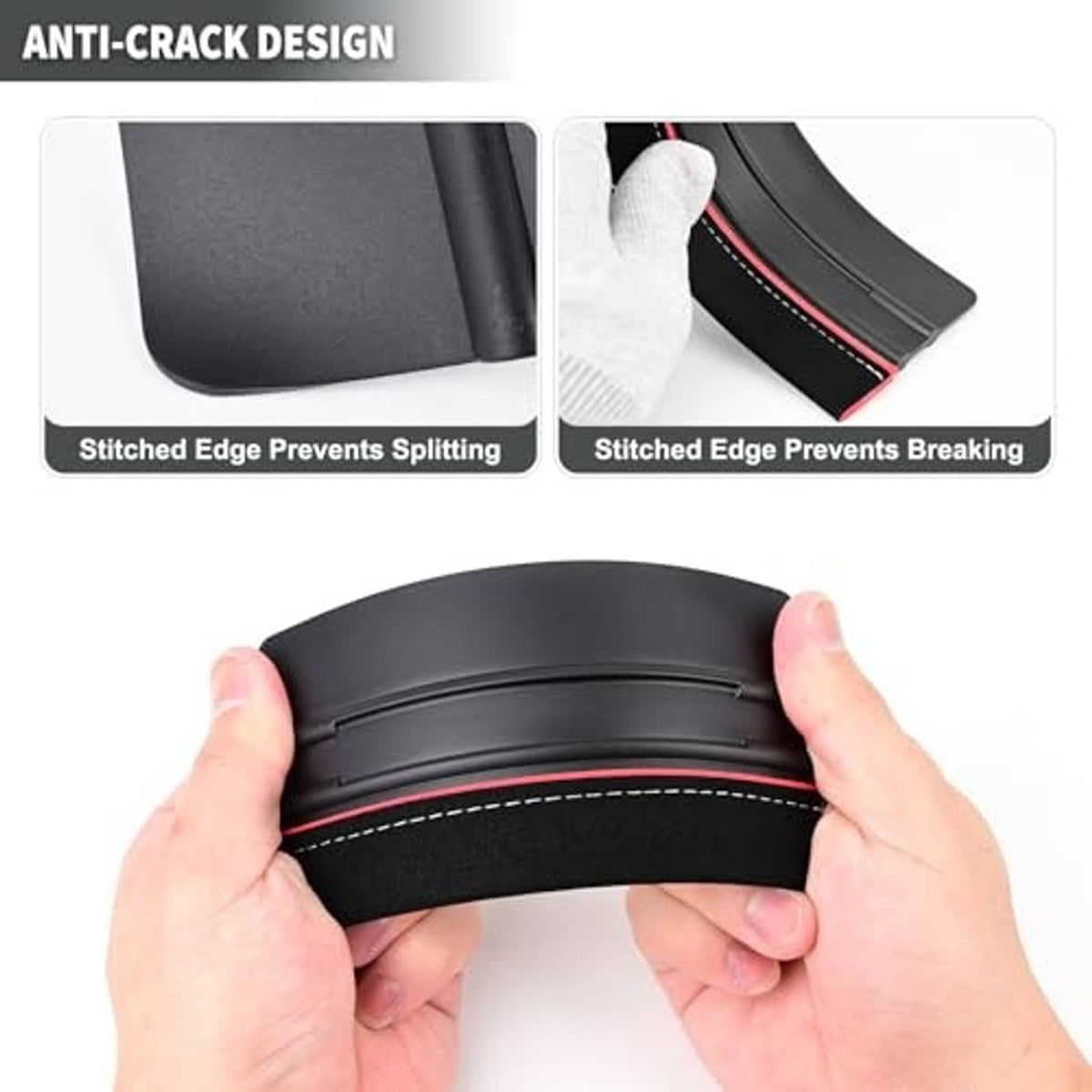 Hands holding black squeegee with stitched red edge to help prevent splitting and breaking