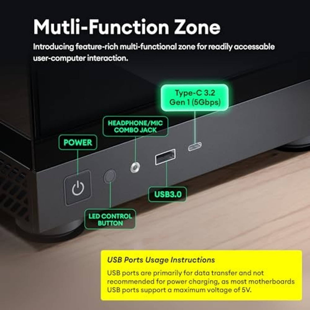 Micro ATX PC case front I/O panel with power button, USB ports, and headphone jack