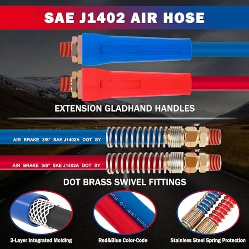 Blue and red SAE J1402 air hose with brass 3/8 in fittings, coiled springs shown
