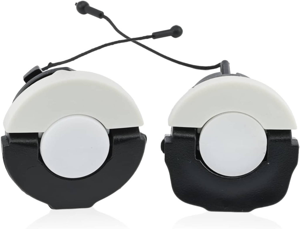 Dual fuel and oil caps with pull cords and latch tabs, light gray/black