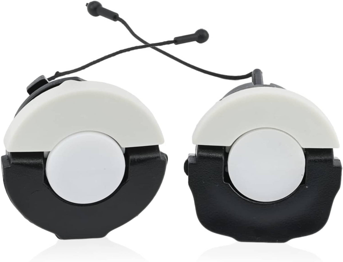 Dual fuel and oil caps with pull cords and latch tabs, light gray/black