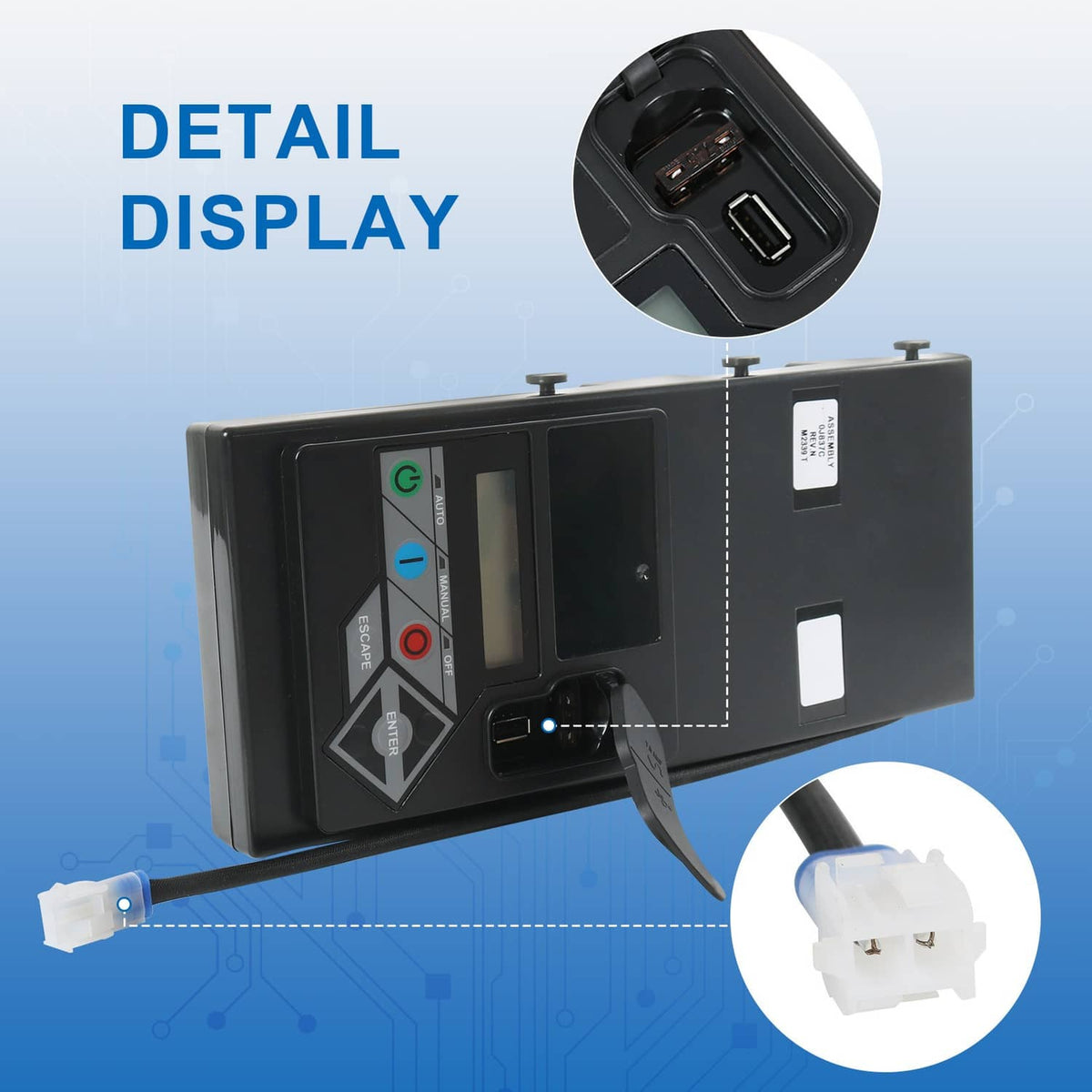 Black controller assembly with side detail showing port and LCD control display