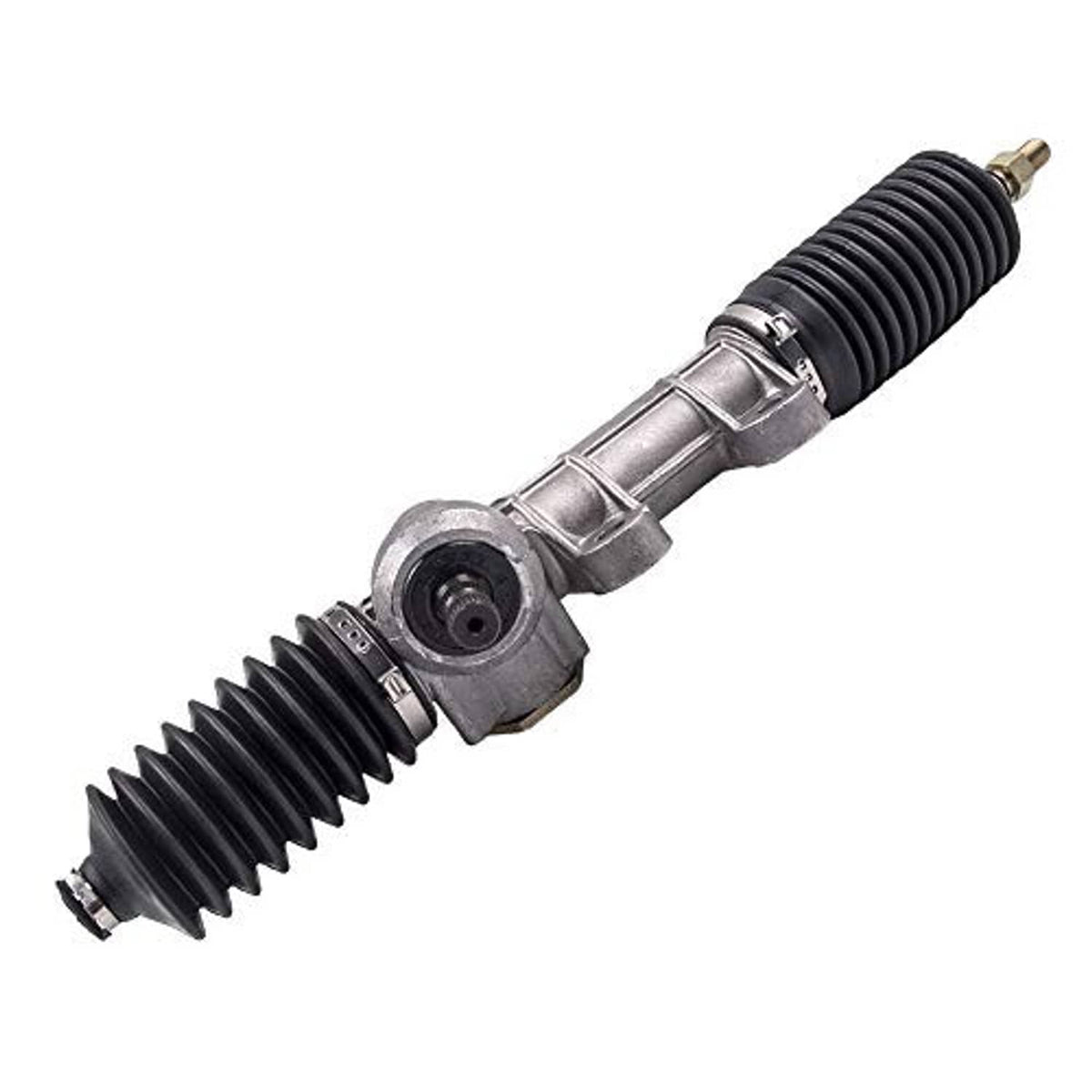 Steering gear box assembly with mounting bracket and two black corrugated boots