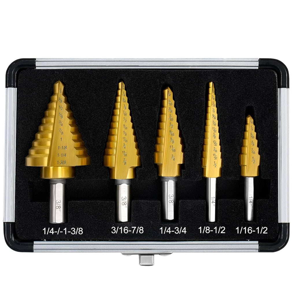 Compact set of five gold step drill bits with numbered steps in a storage case