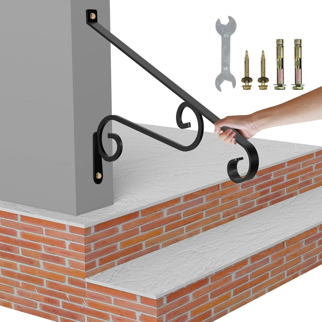Wall-mounted wrought iron stair handrail with scroll brackets, matte black