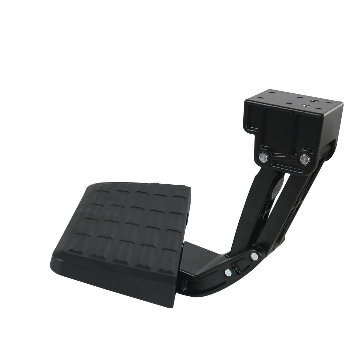 Retractable truck bed side step with textured footpad and mounting box on support arm