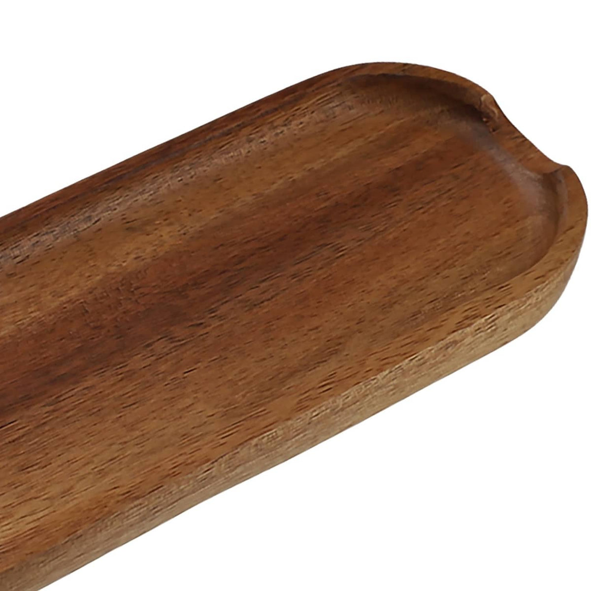Brown wooden oval pen tray close-up showing textured wood grain