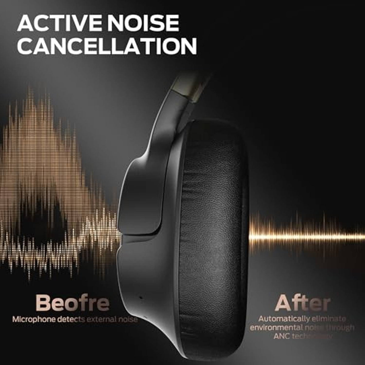 Black over-ear headphones with textured ear cushions and gold-accent headband
