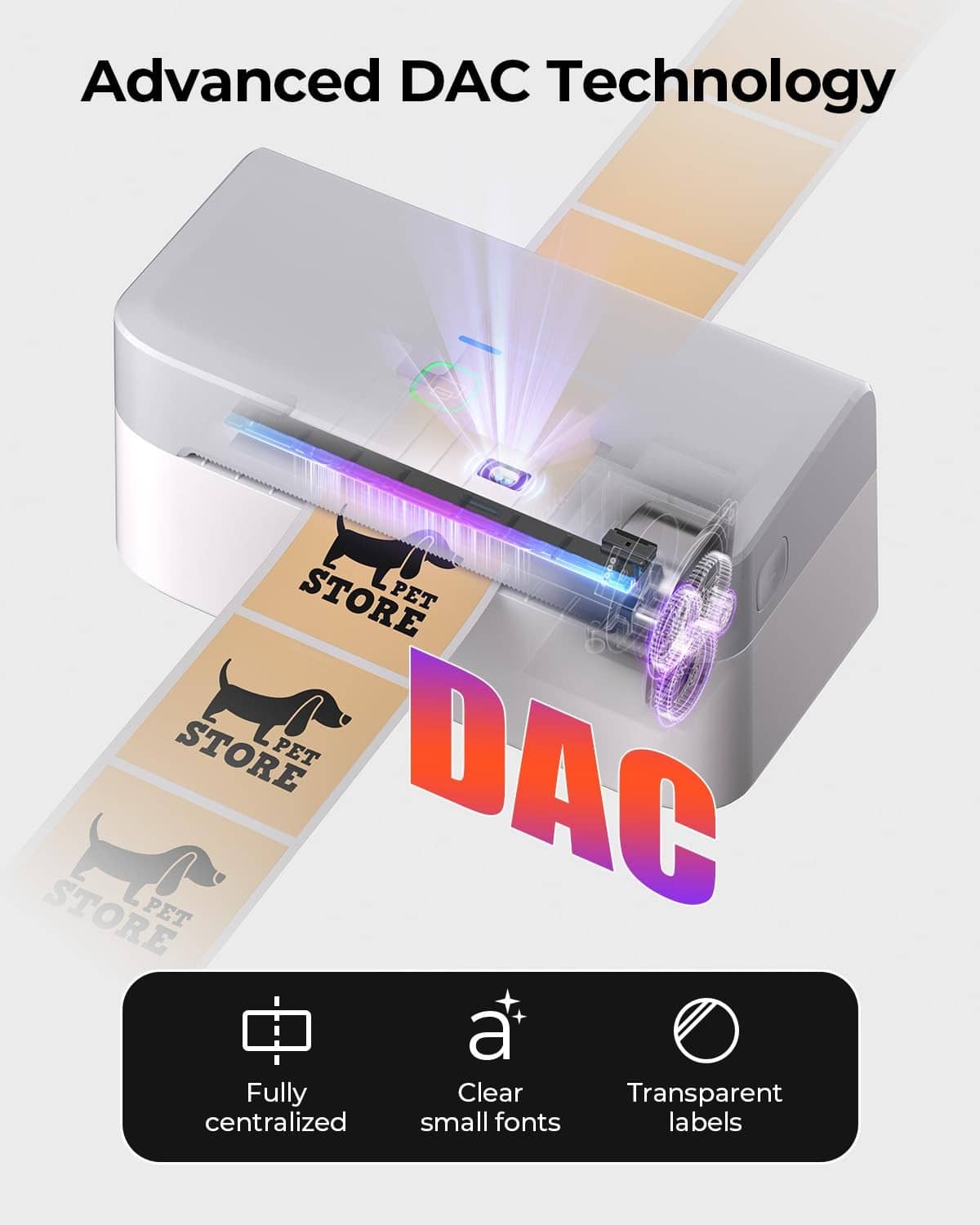 Grey thermal label printer with bright imaging bar projecting onto label sheets