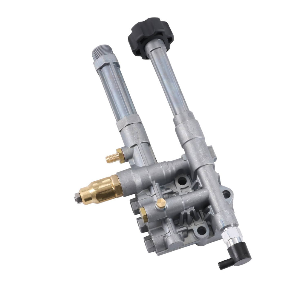 Metal pump head assembly with multiple ports, black caps, and two vertical inlet tubes