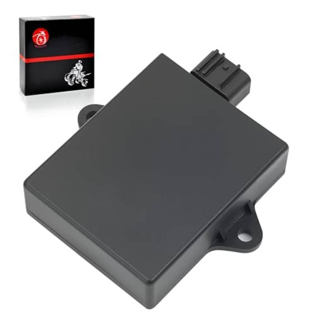 Black CDI ignition module box with mounting tab, mounting hole, and connector on top