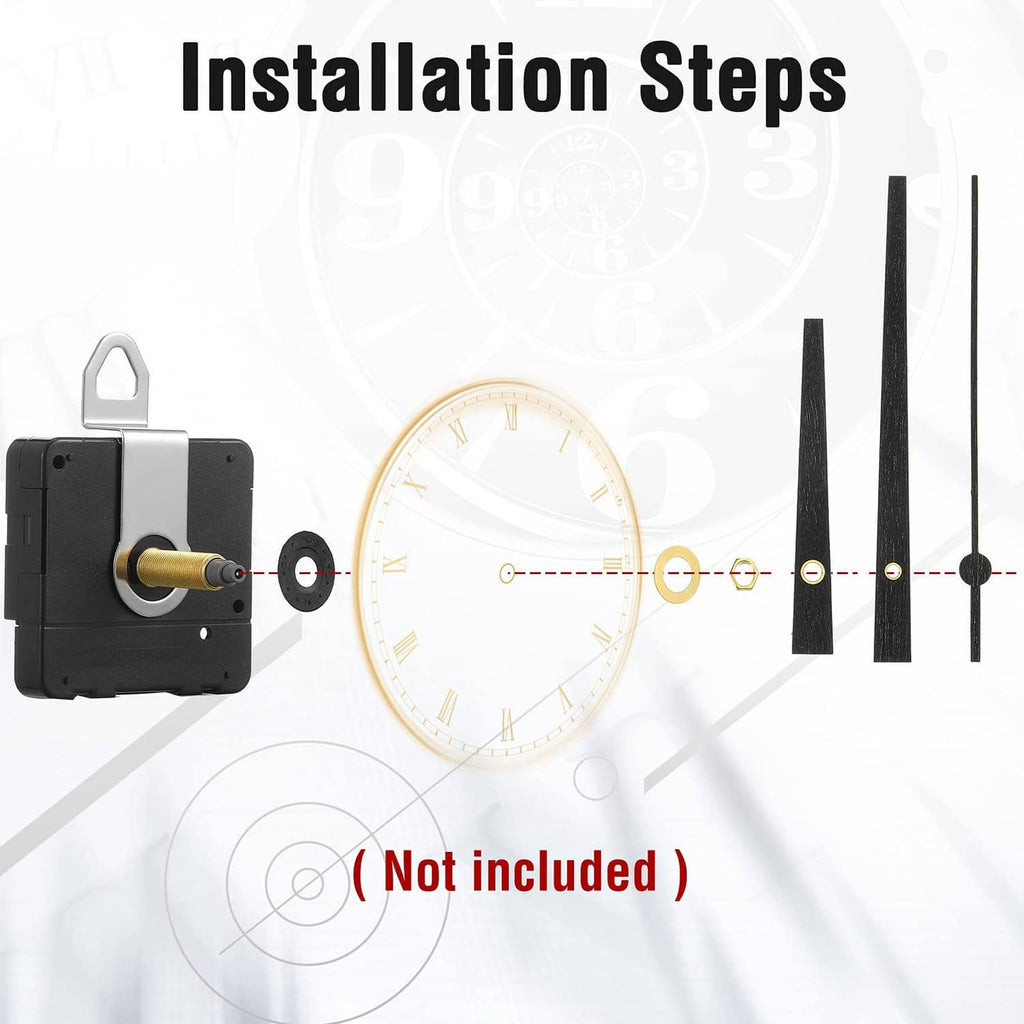 Clock movement mechanism installation steps with clock face and included hands (not included label excluded)