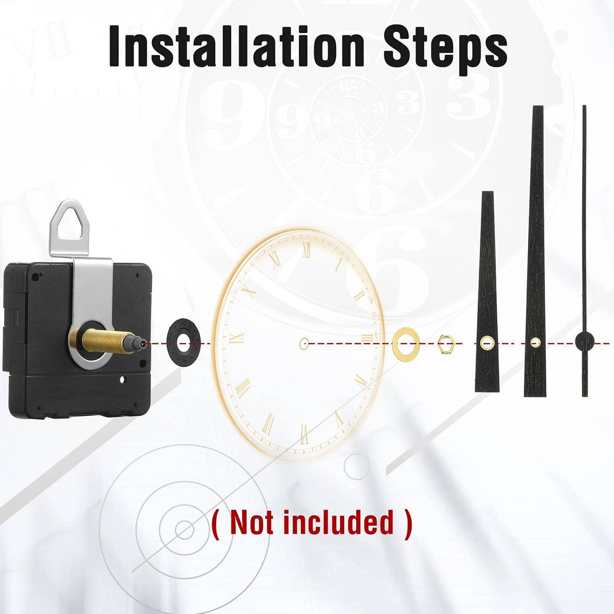 Clock movement mechanism installation steps with clock face and included hands (not included label excluded)