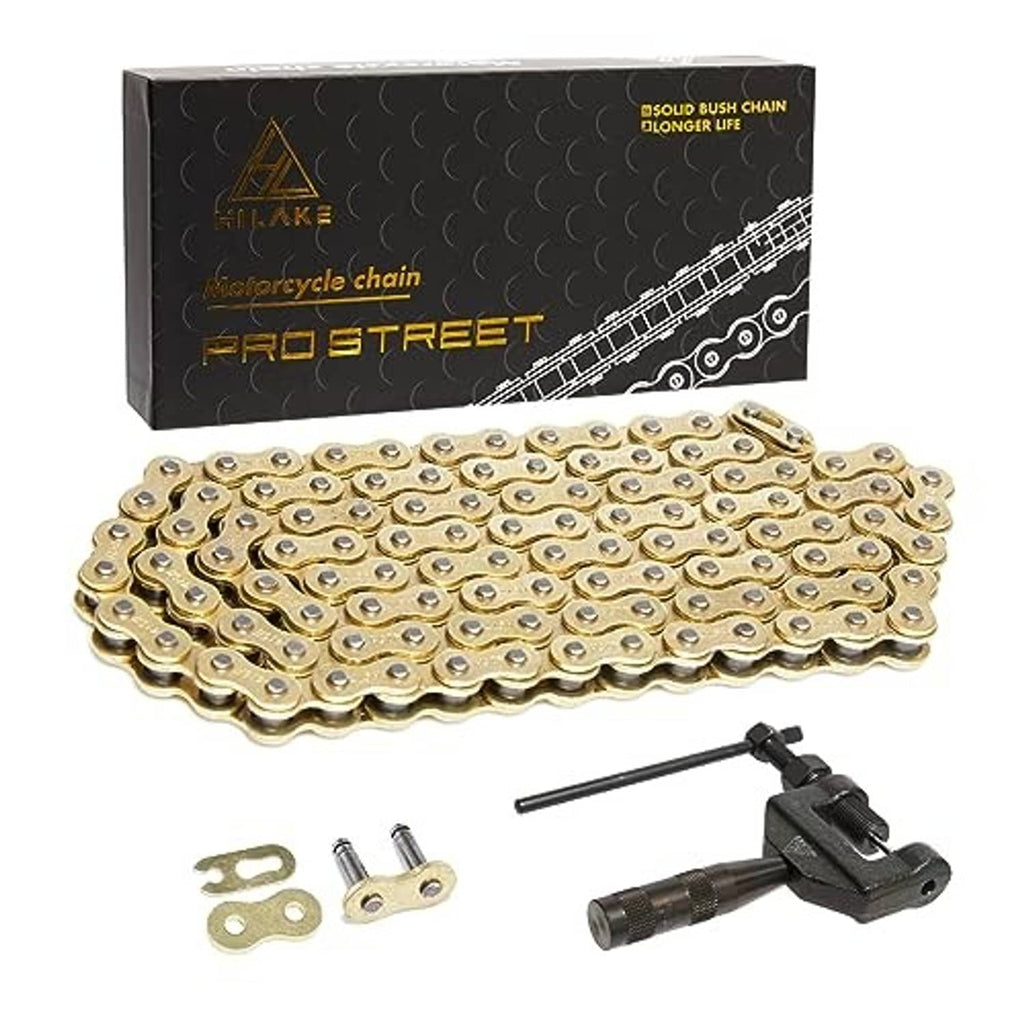 Gold motorcycle roller chain with master links and chain breaker tool