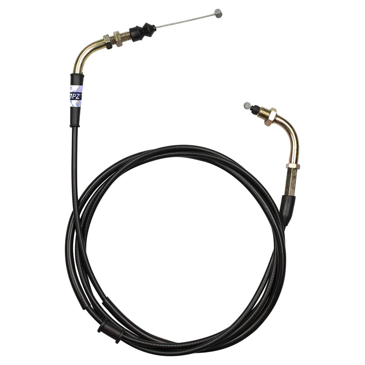 Throttle cable assembly with black housing loop and brass fittings at both ends
