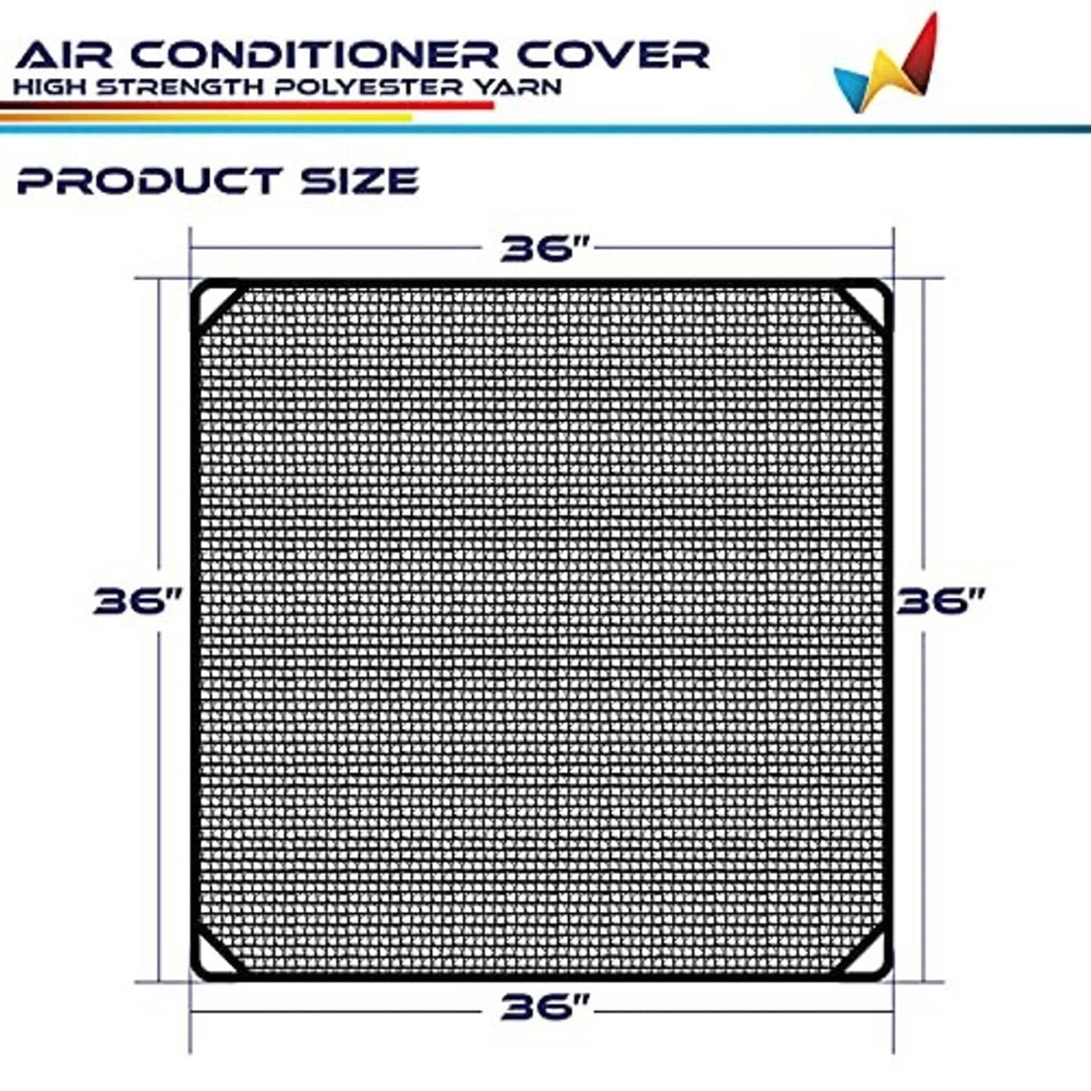Black mesh air conditioner cover size chart showing 36 x 36 in dimensions
