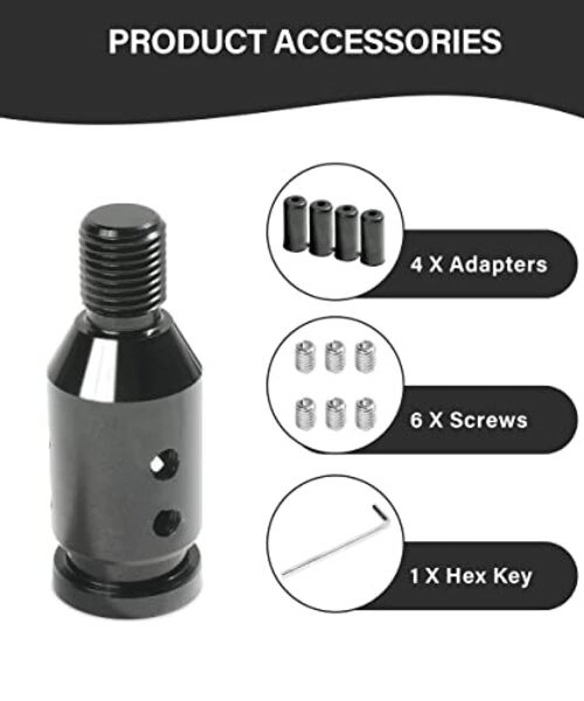 Black aluminum gear shift connector kit: 4 sleeves, 6 screws, and hex key
