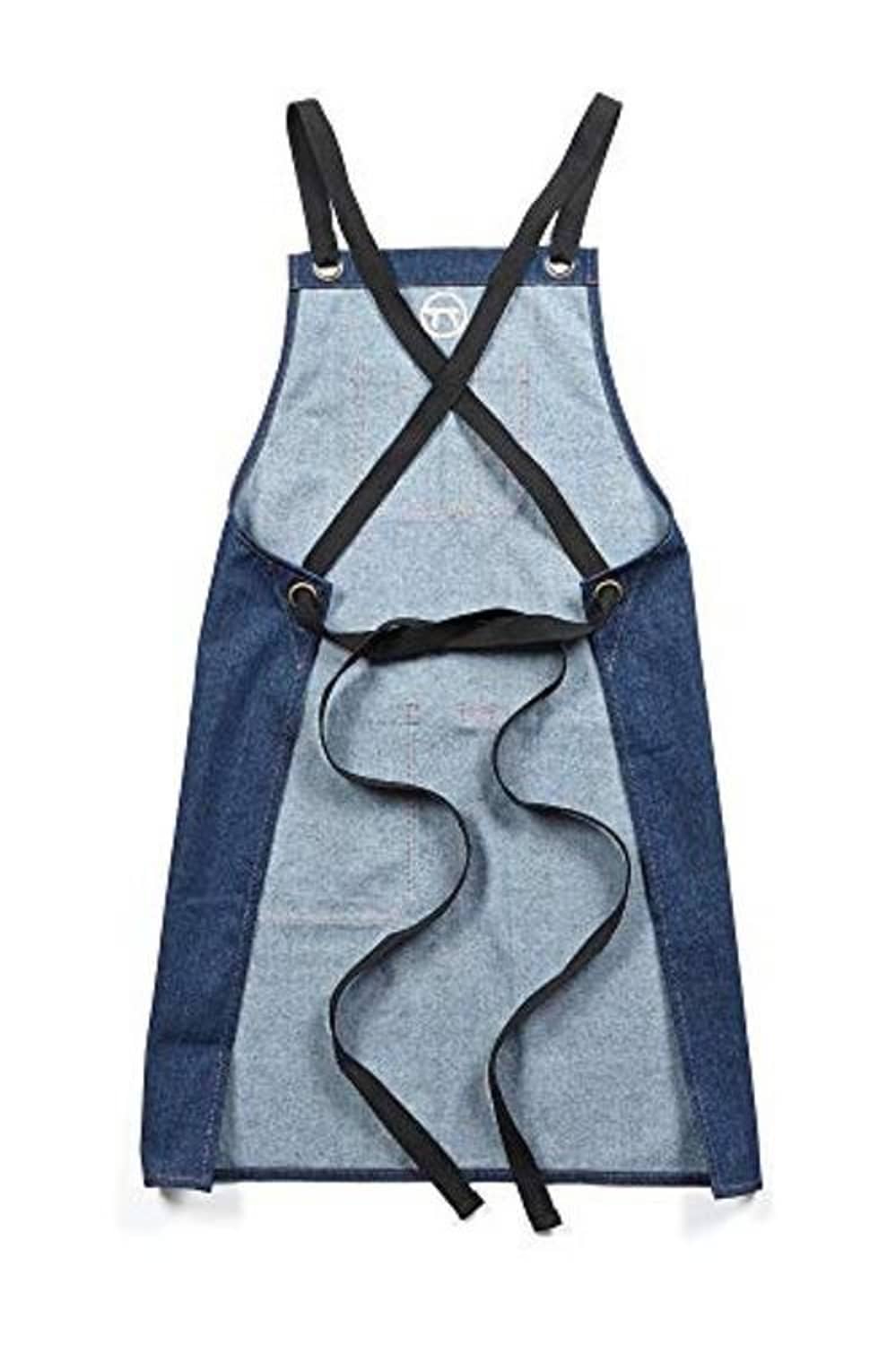 Blue denim cross-back apron with crossed straps and two chest pockets