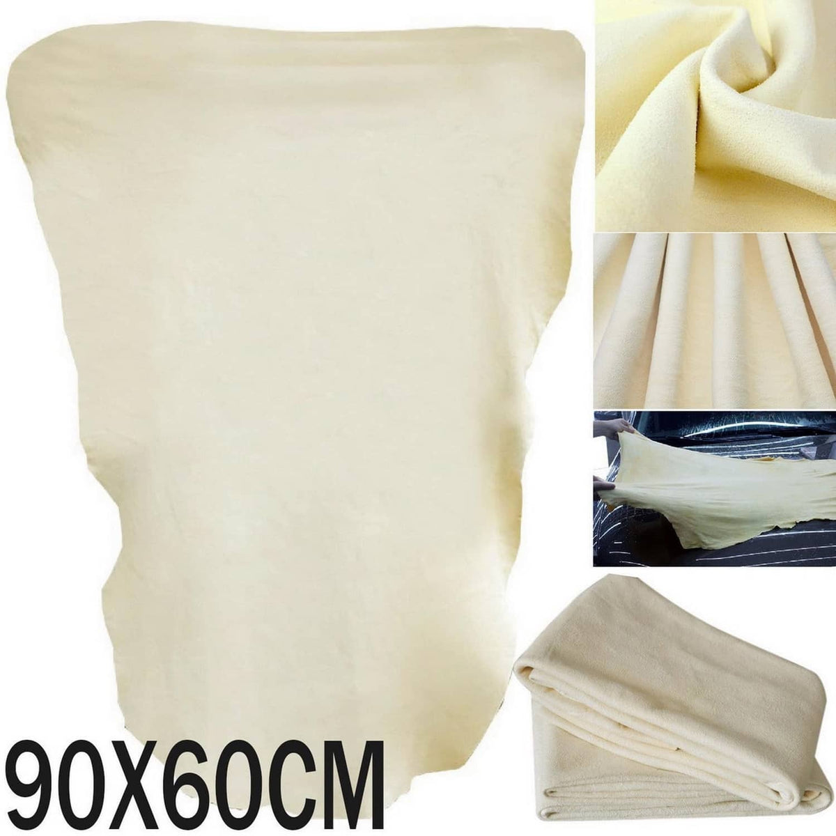Off-white chamois leather cleaning cloth, soft folds and neatly stacked corner view