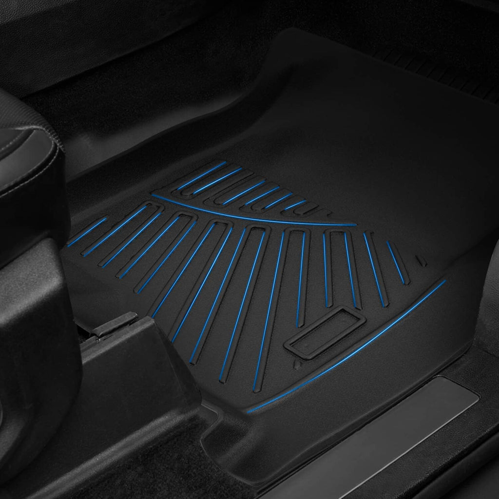Black all-weather floor mat with blue grip ridges and raised edge containment