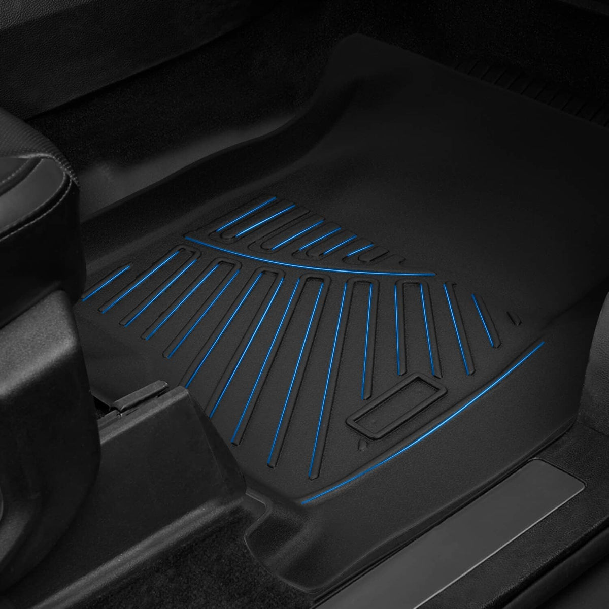 Black all-weather floor mat with blue grip ridges and raised edge containment
