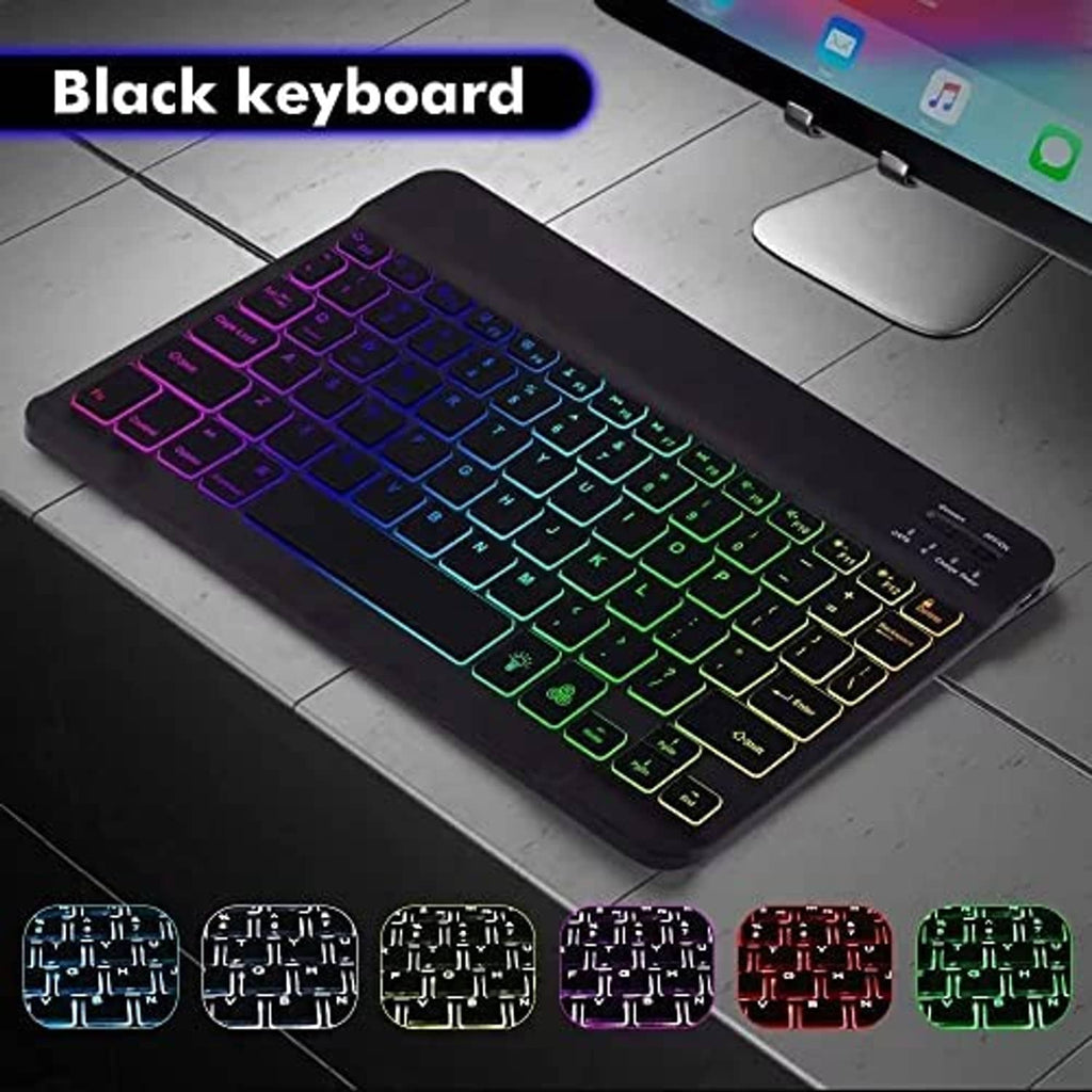 Black RGB Bluetooth keyboard with multicolor keys and wireless mouse