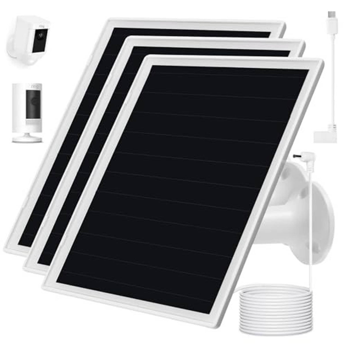 White solar charger panel kit with wall mount bracket and coiled cable