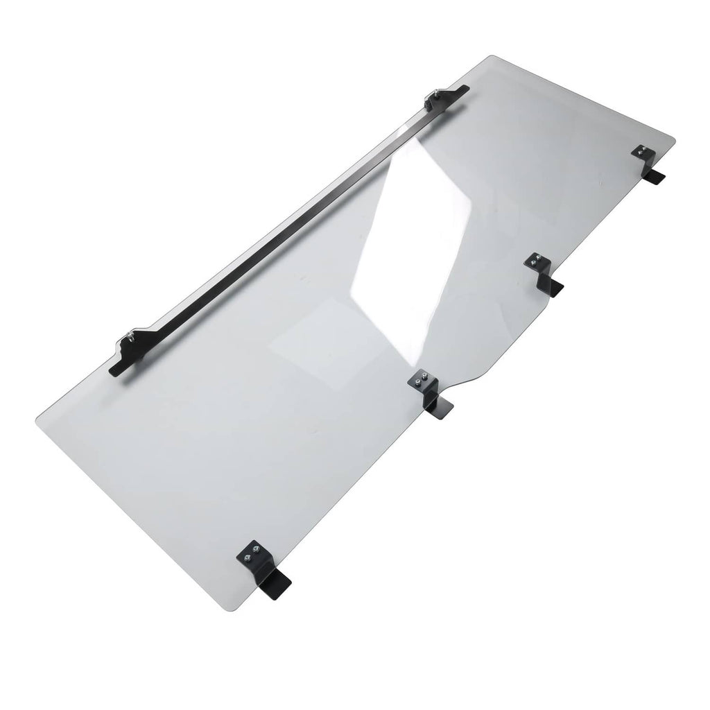 Rear sliding windshield panel window with black hinges and mounting brackets