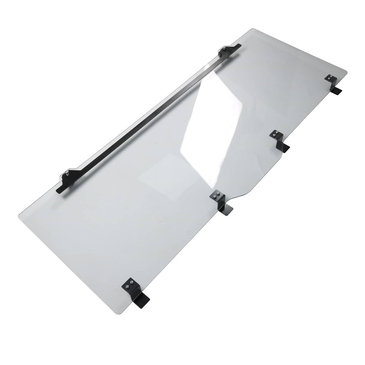 Rear sliding windshield panel window with black hinges and mounting brackets
