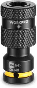 Black diamond-knurled 1/4-inch hex impact socket adapter with yellow release ring.