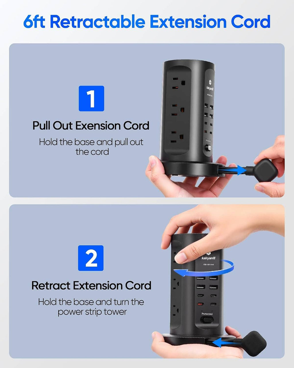 Power strip tower with retractable extension cord, shown pulling out and retracting