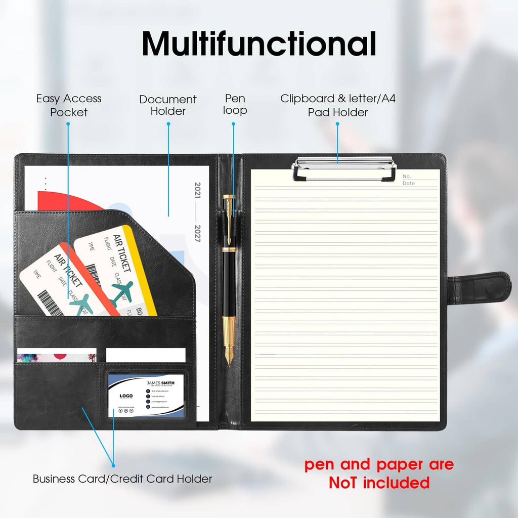 Black A4 portfolio binder with document holder, pen loop, and business card pocket