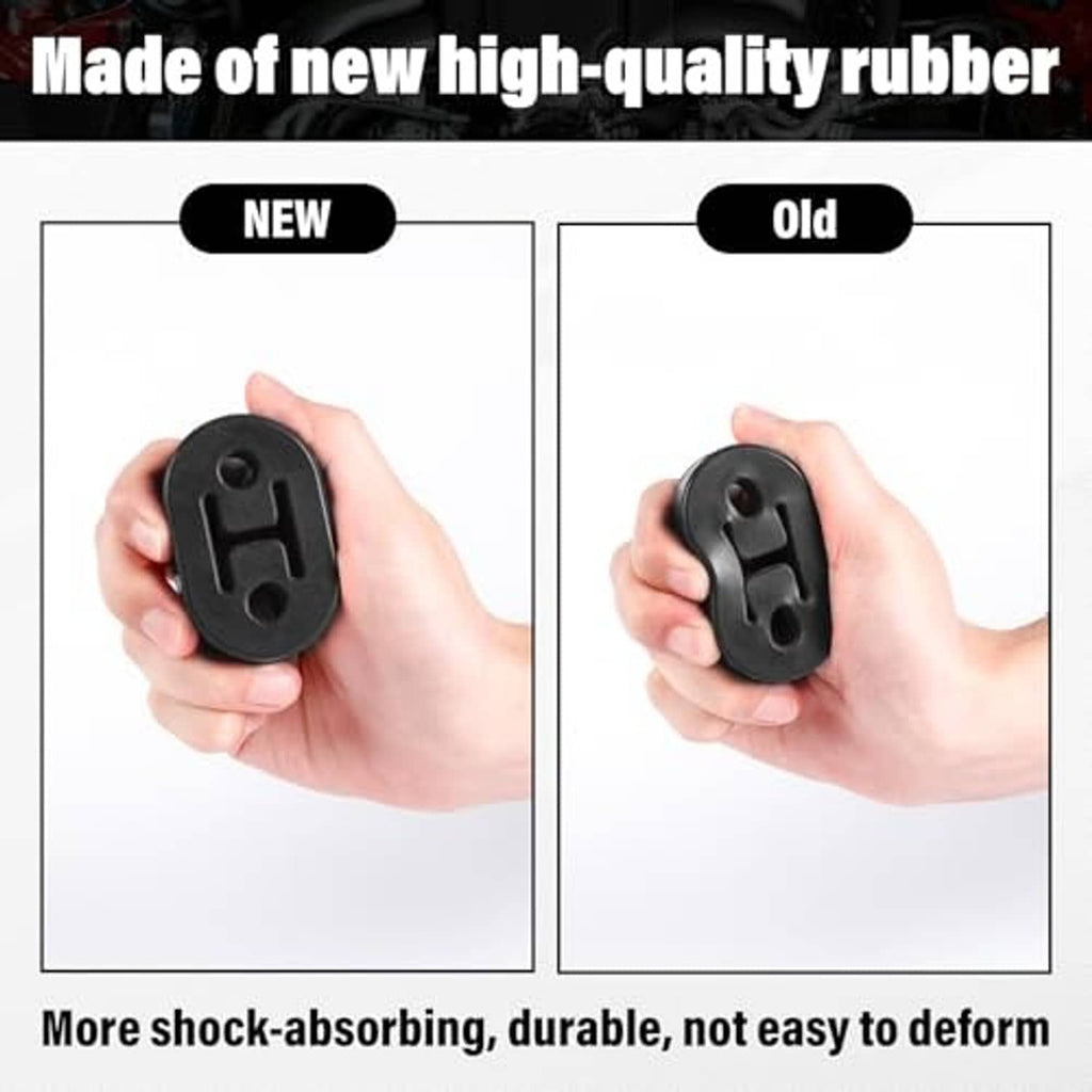 Black rubber exhaust hanger held in hand, oval block with mounting slots and holes