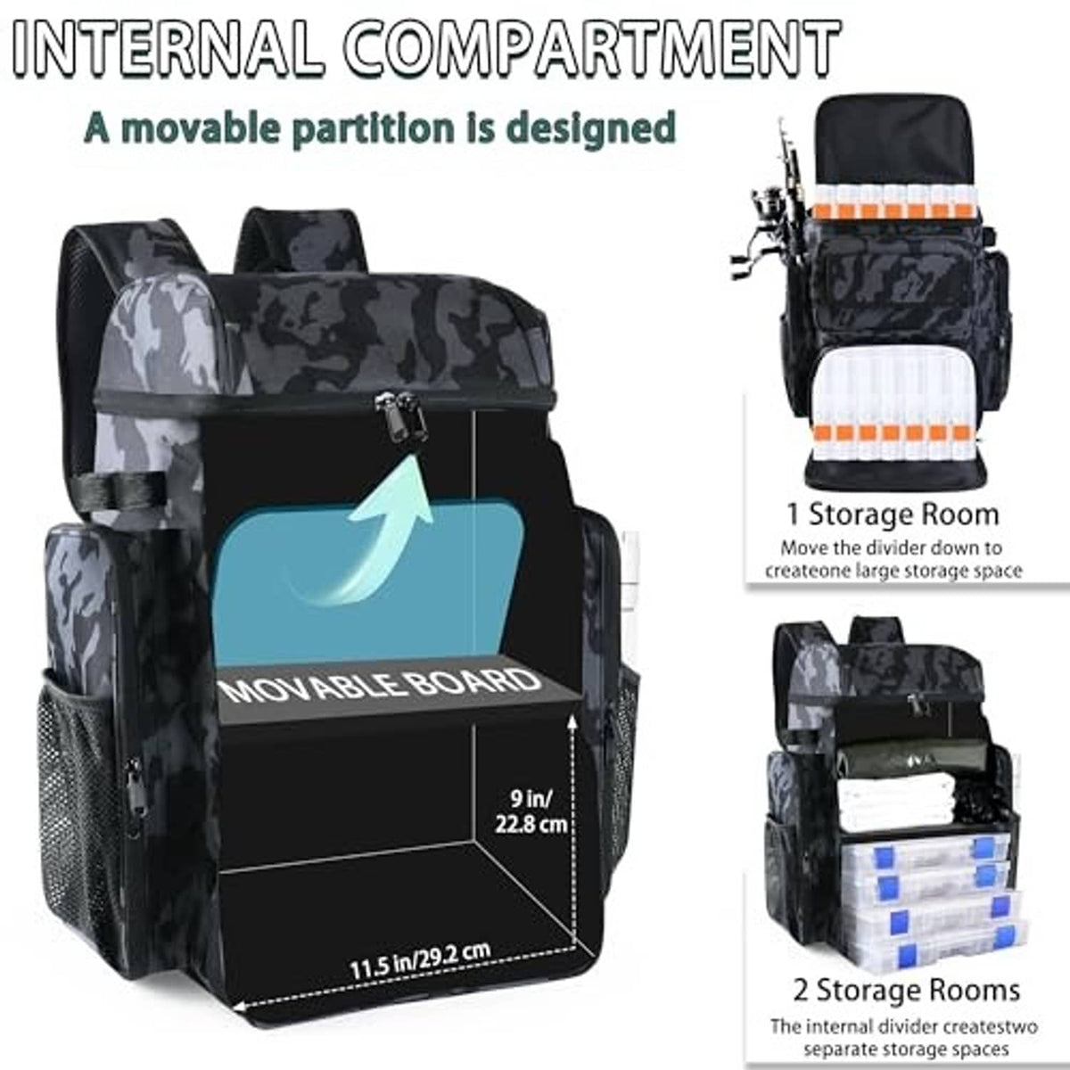 Camouflage black fishing tackle backpack with movable divider inside main storage compartment