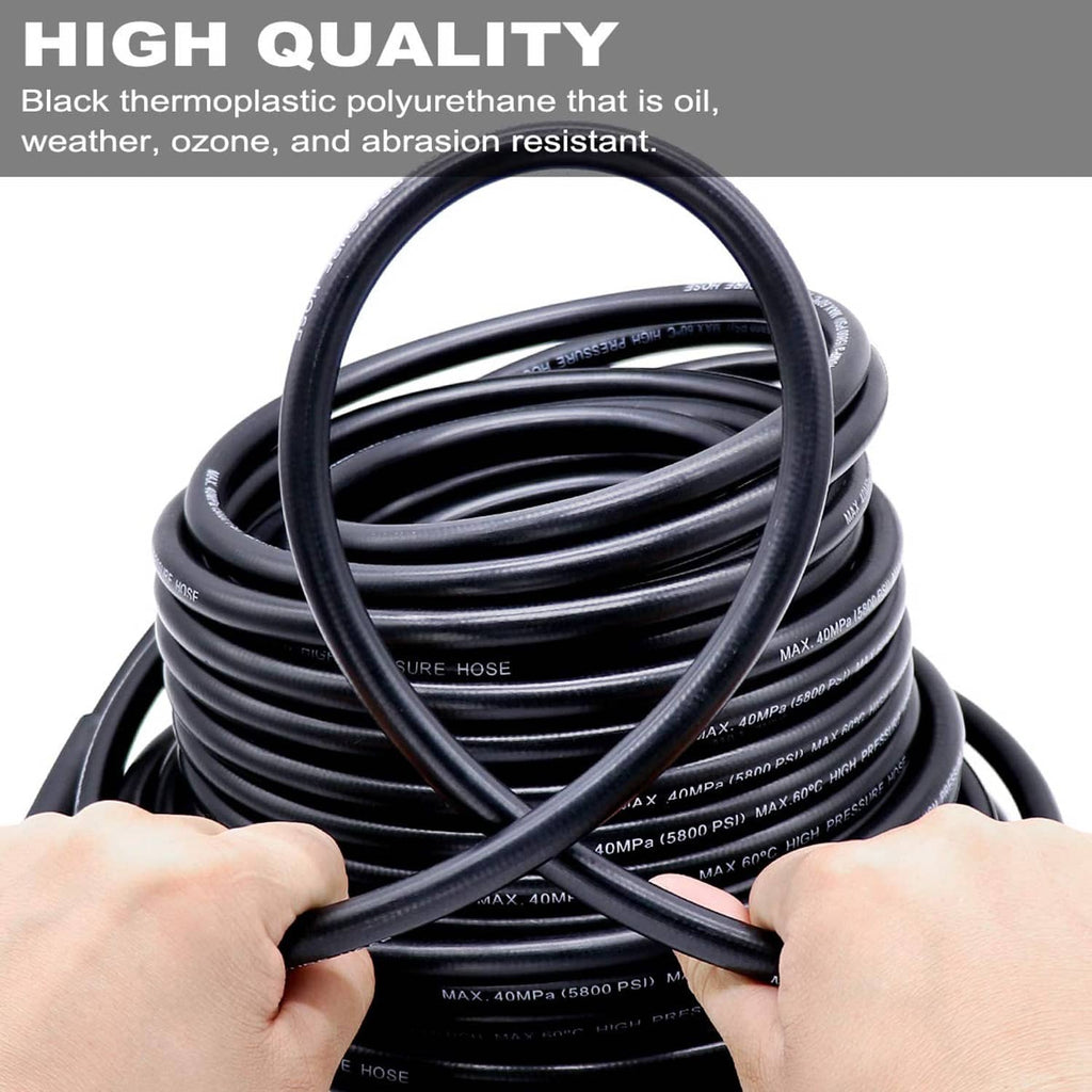 Coiled black sewer jetter hose with hands holding the hose loop for easy setup