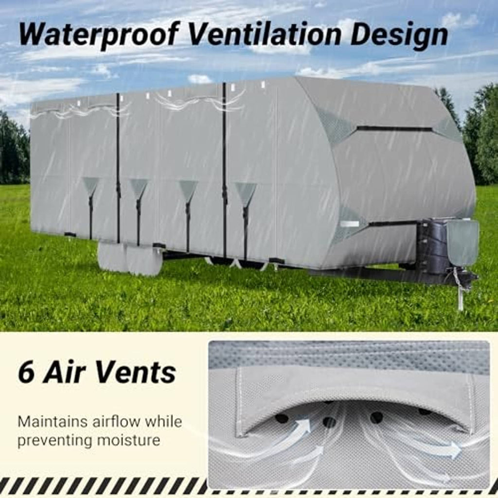 Gray RV cover with 6 air vents and elastic hems fitted over a travel trailer profile