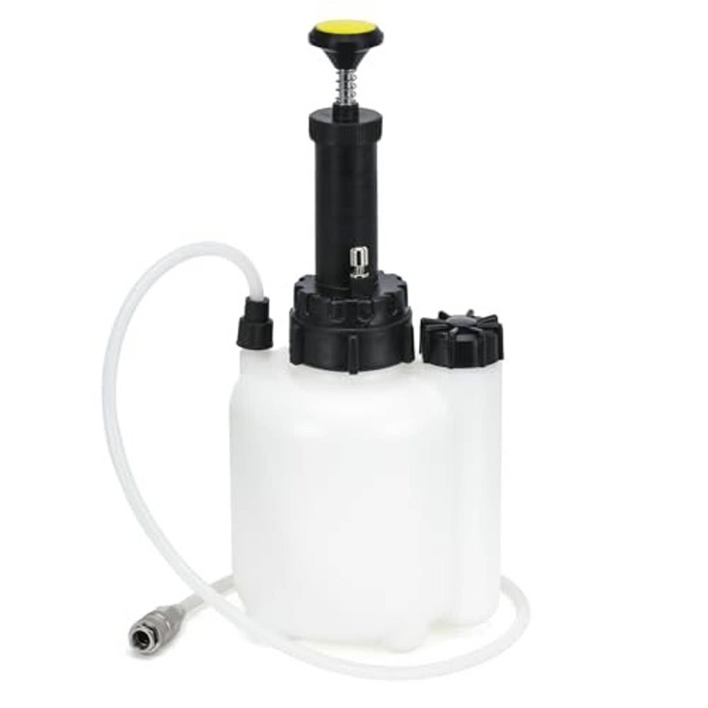 Brake bleeder kit with black pump head and white reservoir bottle with hoses