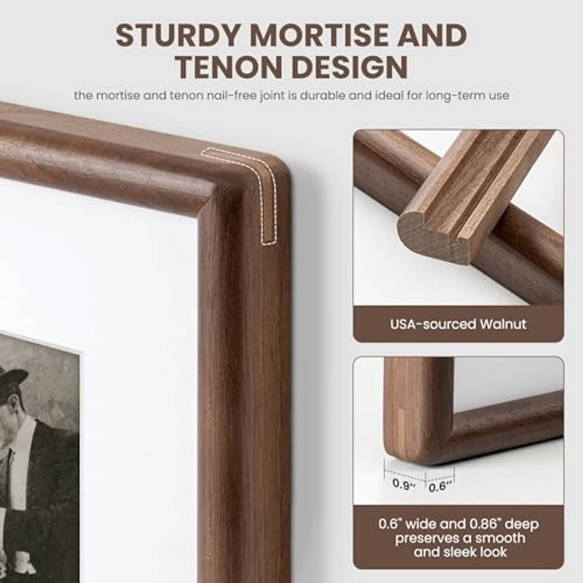 Walnut picture frame corner detail with mortise-and-tenon style joint, rounded edge