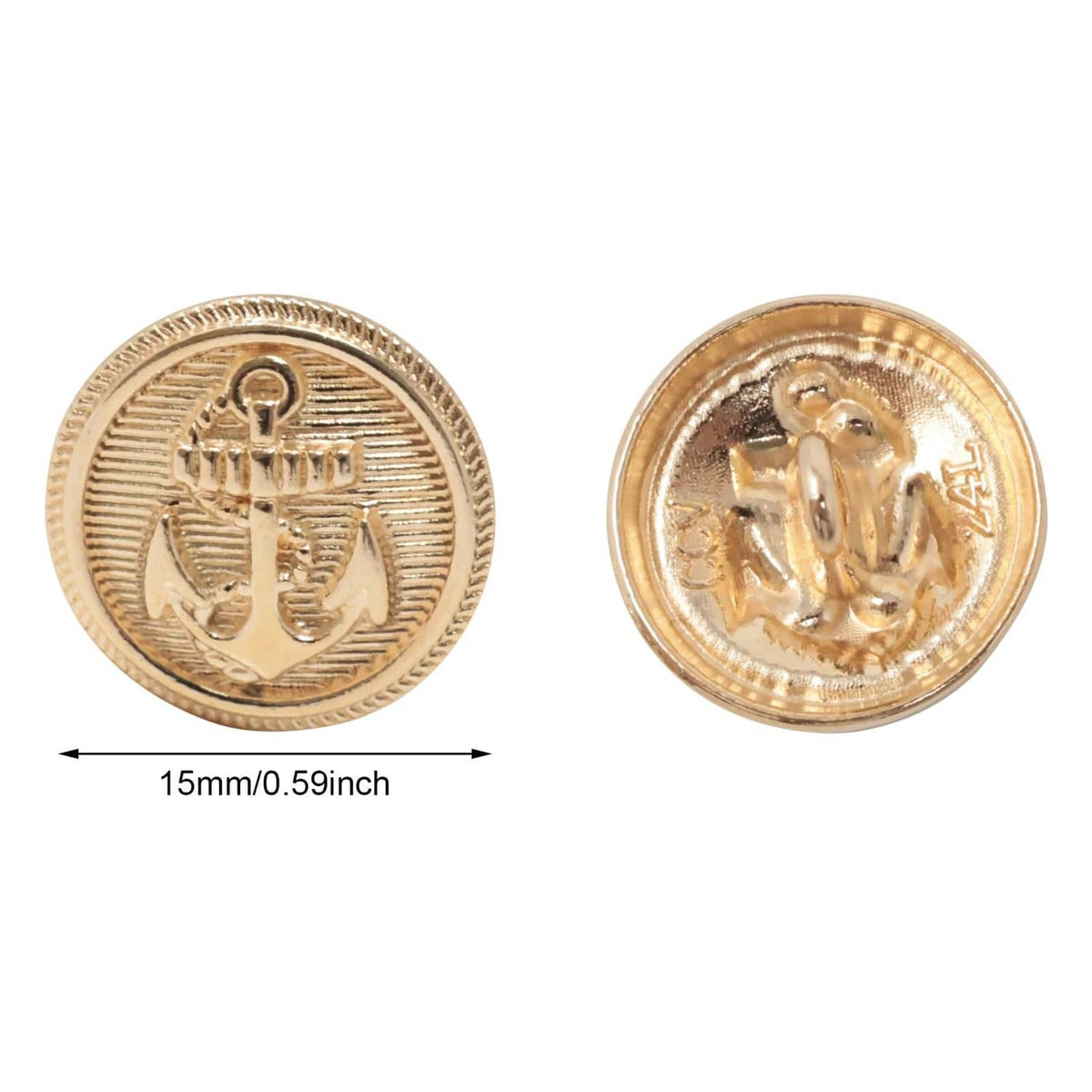 Gold round anchor pattern buttons, 15mm, front and back close-up