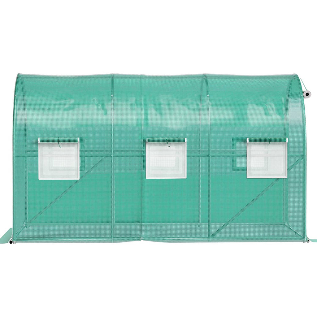 Back view of greenhouse tunnel with green cover and three zippered side panels