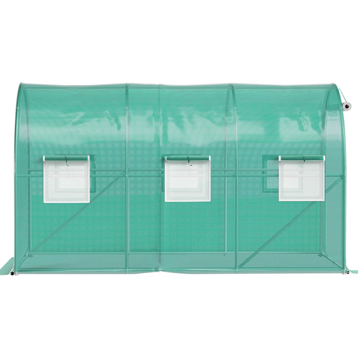 Back view of greenhouse tunnel with green cover and three zippered side panels
