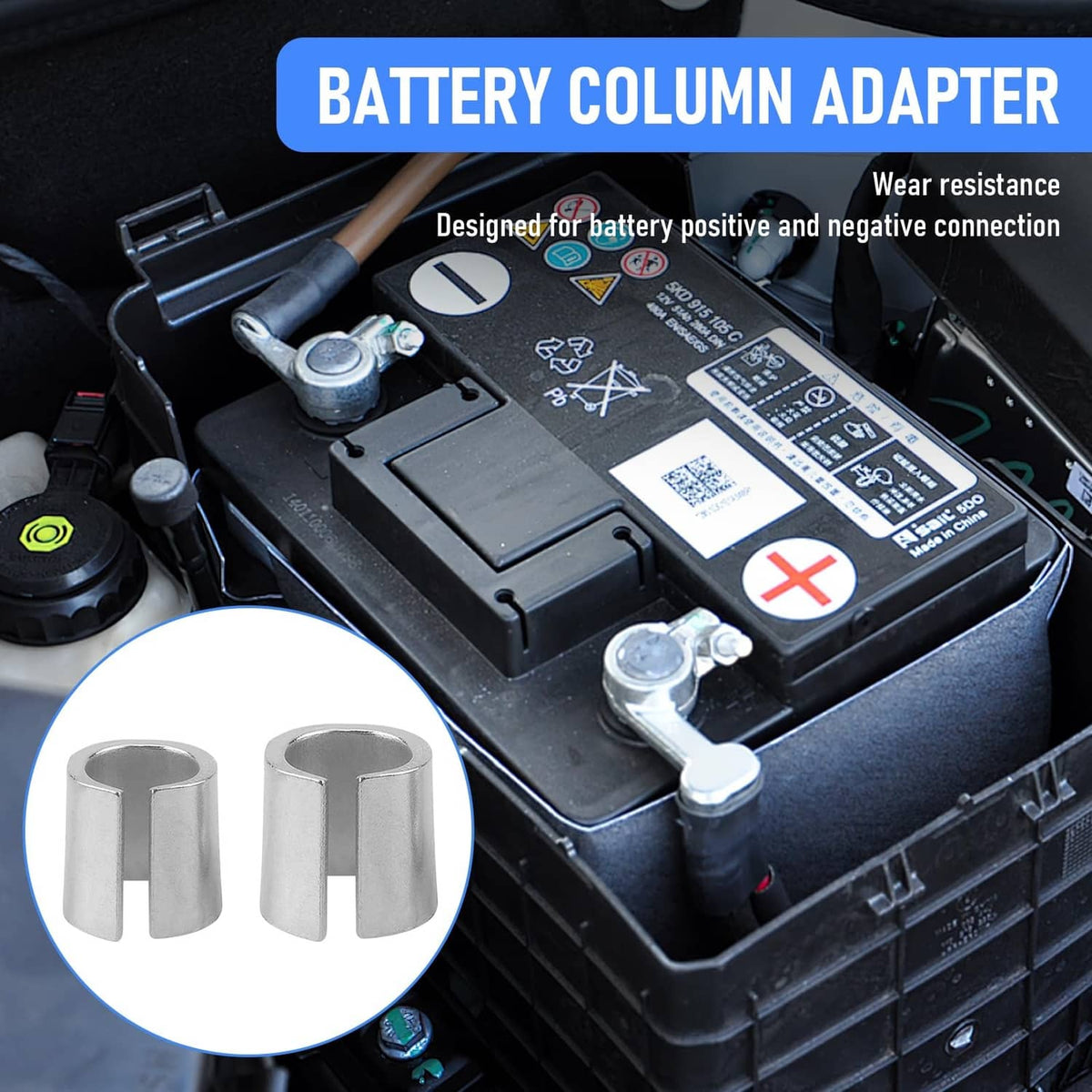 Battery column adapter kit with metal shim sleeves and red/green washer rings.