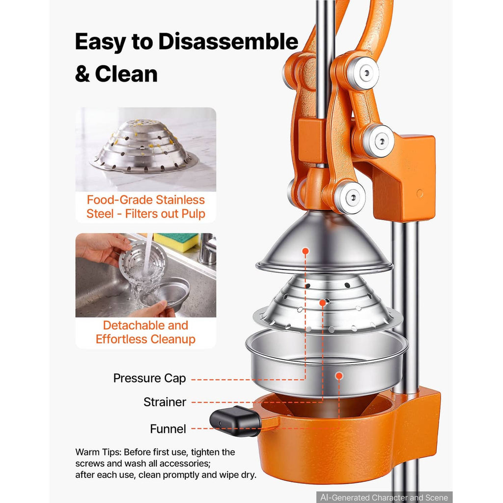 Manual citrus juicer with detachable stainless press cone and strainer parts shown