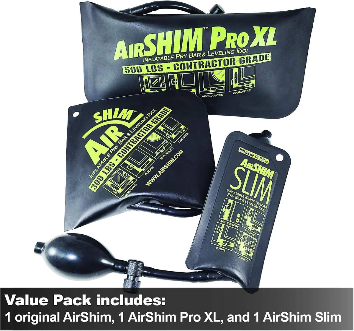 Three-piece inflatable leveling shim value pack with two flat shims and a slim shim
